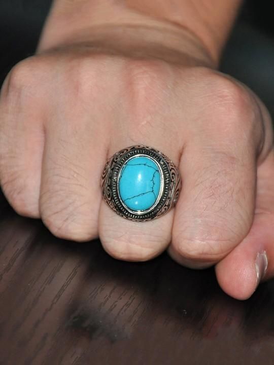 Men Silver-Plated Blue Stone Studded Oxid…